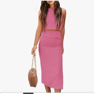 Pink Ribbed Skirt Set- size large body con stretchy dress